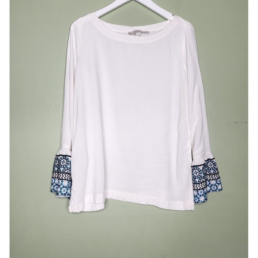 Loft White Blue Embroidered Blouse Bell Sleeves Relaxed Tunic Boho Pullover SP